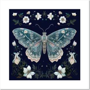 Mystical blue butterfly amidst art nouveau blossoms Posters and Art